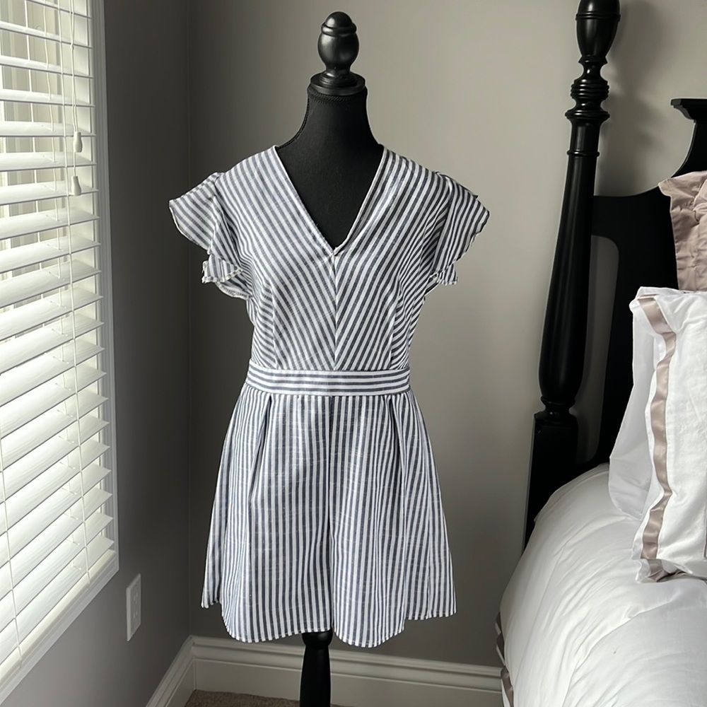 Short one piece. Striped white and blue. Size L